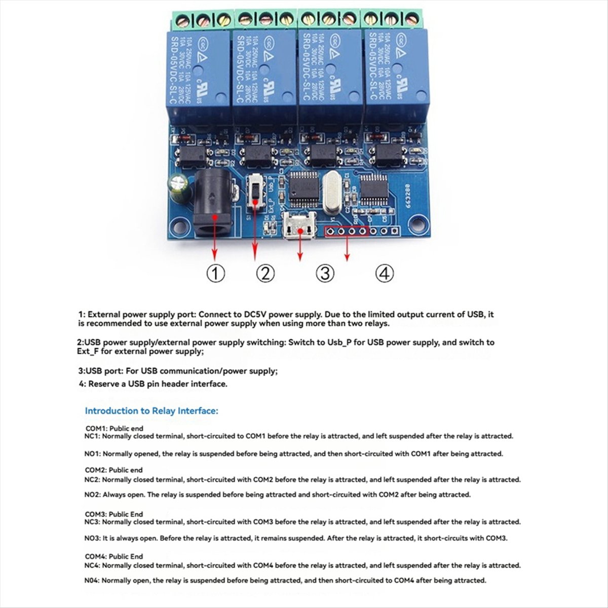 Relay Module 4 Channel - AT42 4-kanaals USB-relaismodule LCUS-4 Intelligent bedieningsrelais